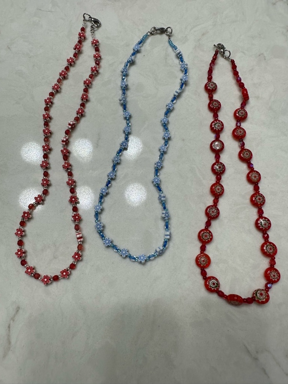 Handcrafted Floral Beaded Necklace - Red & Light Blue